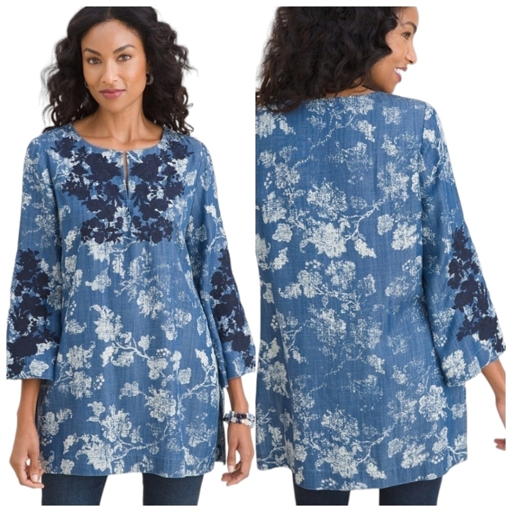 Chico's Chambray Embroidered Denim Tunic Top Size 16 18 Floral Silky Soft Light